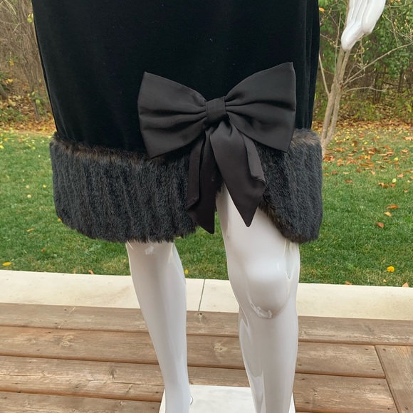 Black coton velvet mini prom party Dress fur boat neck fur hemline big satin bow - Picture 3 of 16